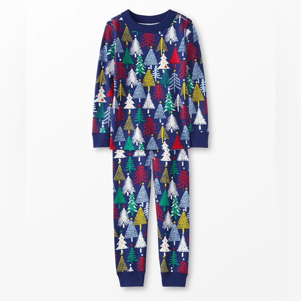 Hanna Andersson Twinkly Trees On Navy Long John Pajama Set / 130 (8)